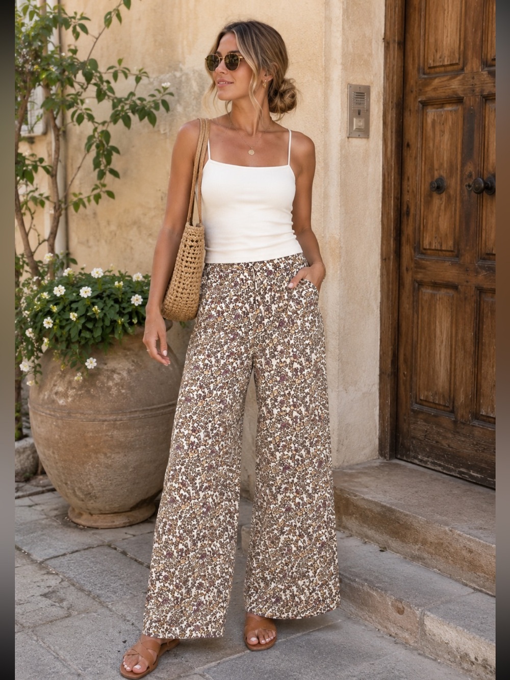 Polagram Floral Wide Leg Corduroy Pants Beige Cottagecore Boho Medium